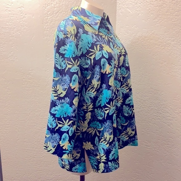 Coldwater Creek 100% Silk Floral Button Front Blouse 1X Blue Tropical Top - Picture 3 of 7